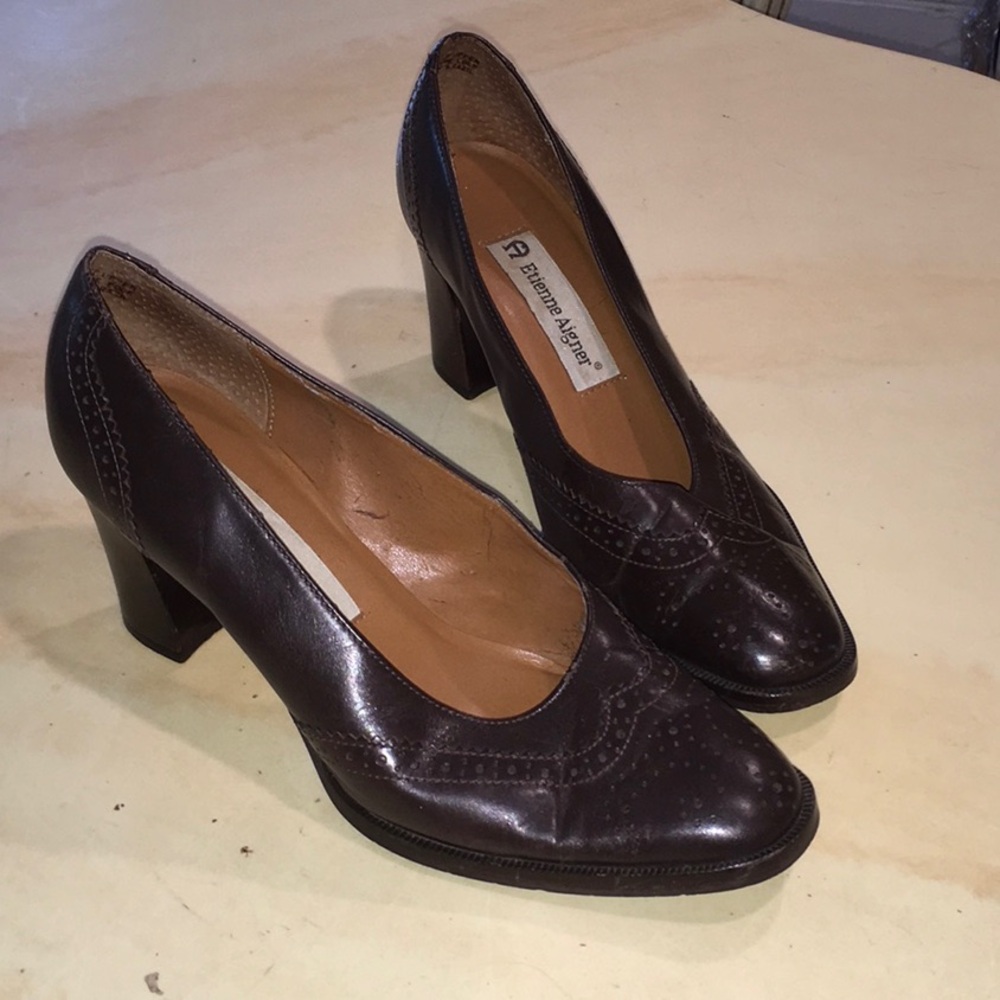 Etienne Aigner Dark Brown Leather Block Heel Pumps